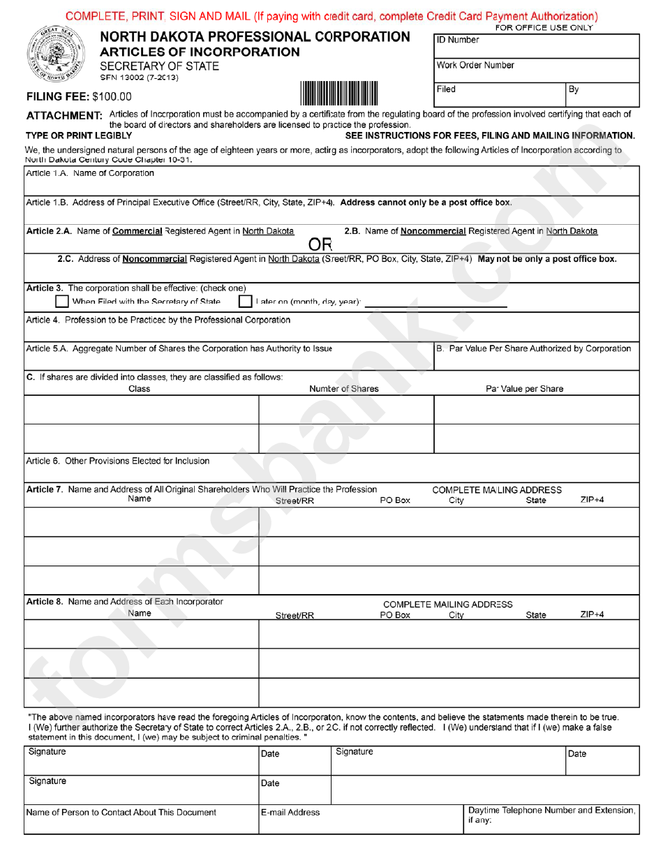 Form Sfn13002 - North Dakota Professional Corparation Articles Of Incorporation Form