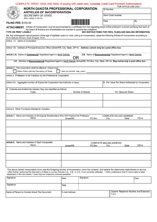 Form Sfn13002 - North Dakota Professional Corparation Articles Of Incorporation Form Printable pdf
