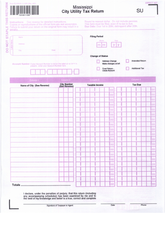 Form 72 210 -01-1-1-000 - City Utility Tax Return Form Printable pdf