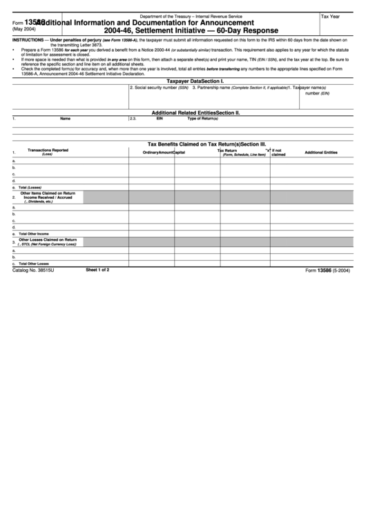 Fillable Form 13586 - Additional Information And Documentation For Announcement 2004-46, Settlement Initiative - 60-Day Response Printable pdf