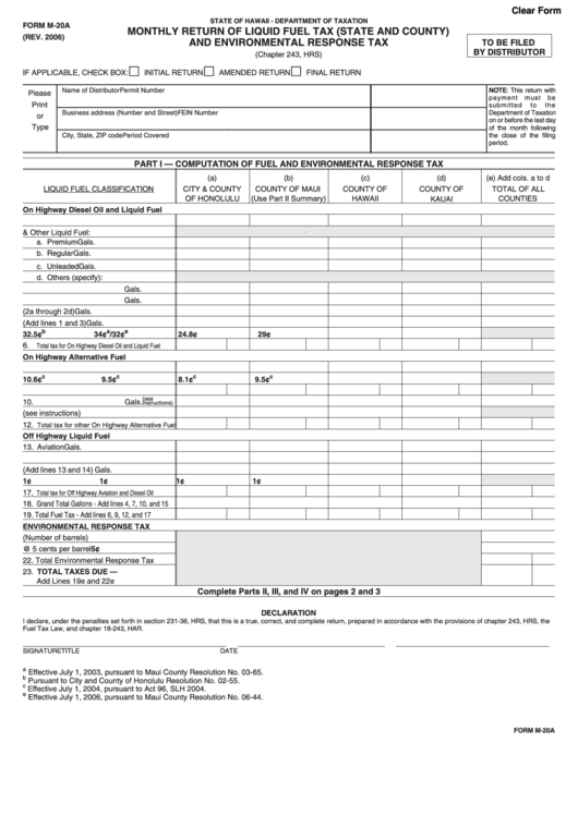 Fillable Form M-20a - Monthly Return Of Liquid Fuel Tax (State And County) And Environmental Response Tax Form - State Of Hawaii - Department Of Taxation Printable pdf