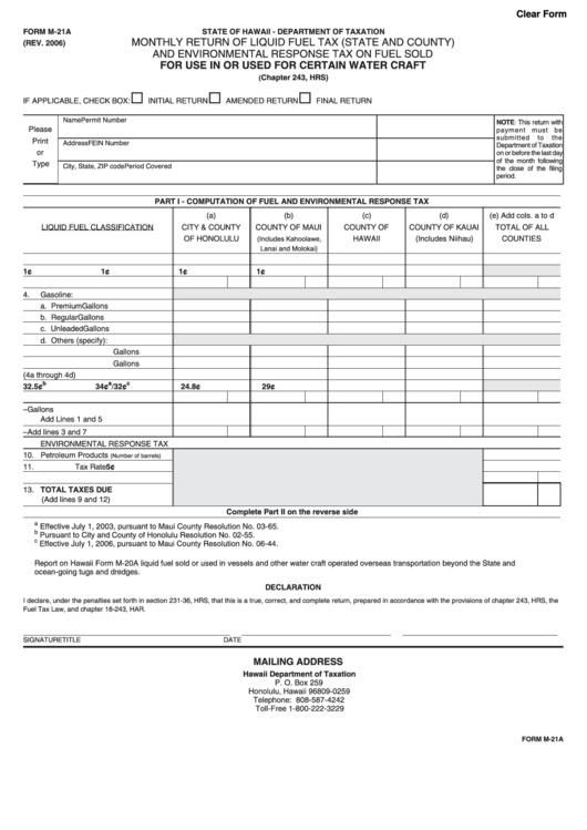 Fillable Form M-21a - Monthly Return Of Liquid Fuel Tax (State And County) And Environmental Response Tax On Fuel Sold Form - State Of Hawaii - Department Of Taxation Printable pdf
