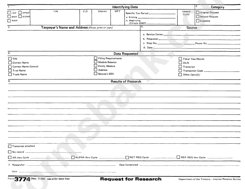 Form 3774 - Identifying Data Form