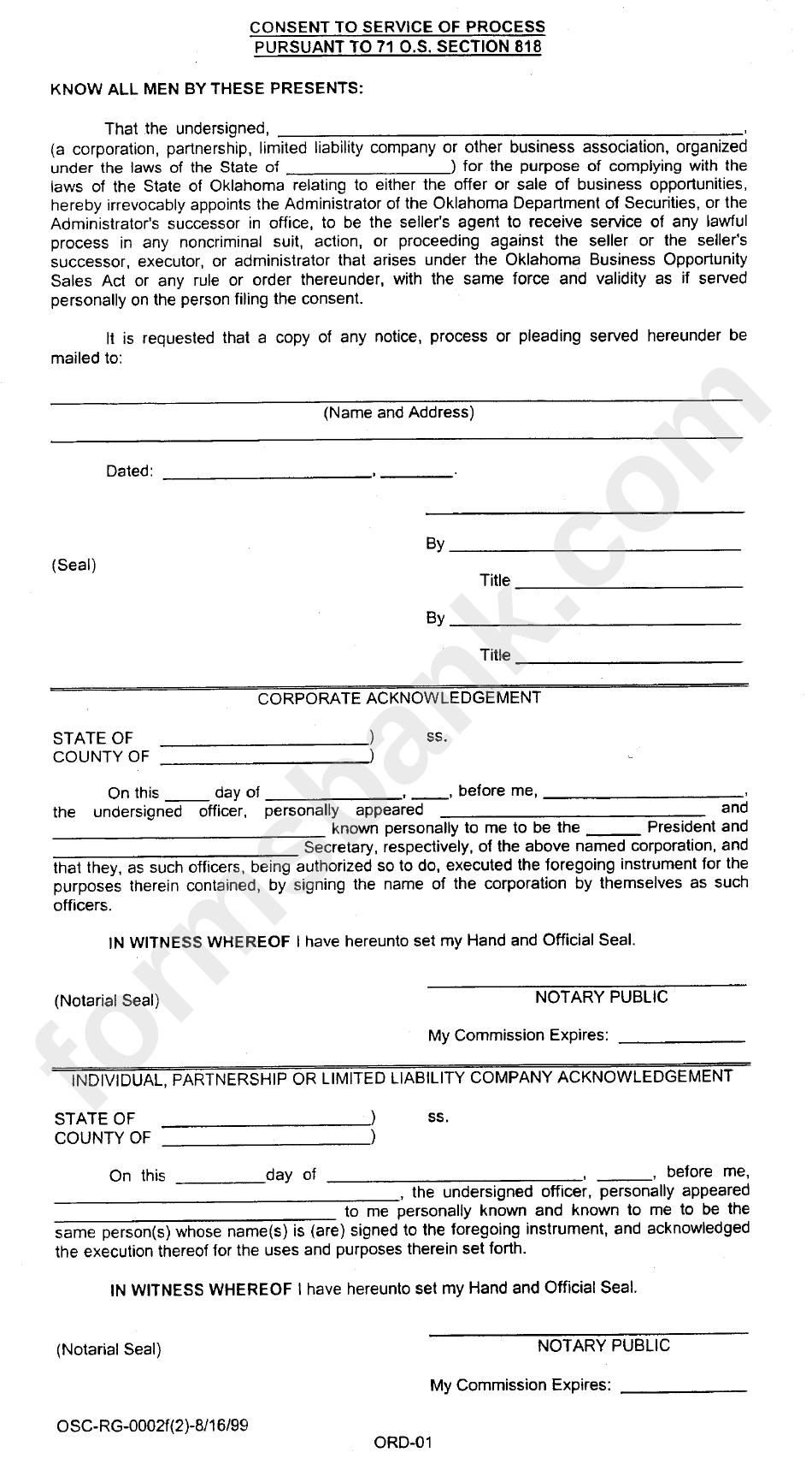 Consent To Service Of Process Form - 1999