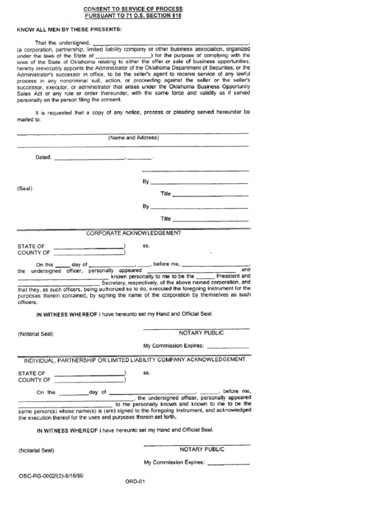 Consent To Service Of Process Form - 1999 Printable pdf