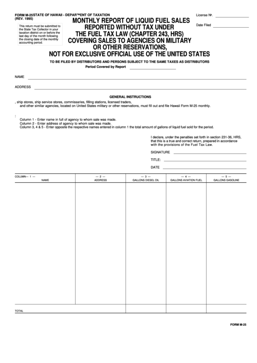 Fillable Form M-25 - Monthly Report Of Liquid Fuel Sales Reported Without Tax Under The Fuel Tax Law Form - State Of Hawaii - Department Of Taxation Printable pdf