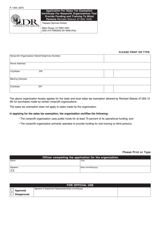 Fillable Form R1303 Application For Sales Tax Exemption Certificate