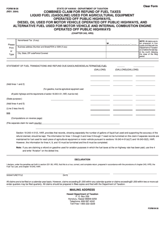 Fillable Form M-36 - Combined Claim Form For Refund Of Fuel Taxes Liquid Fuel (Gasoline) Used For Agricultural Equipment Operated Off Public Highways, Diesel Oil Used For Motor Vehicle Operated Off Public Highways, And Alternative Fuel Used For Motor Vehicle And I Printable pdf