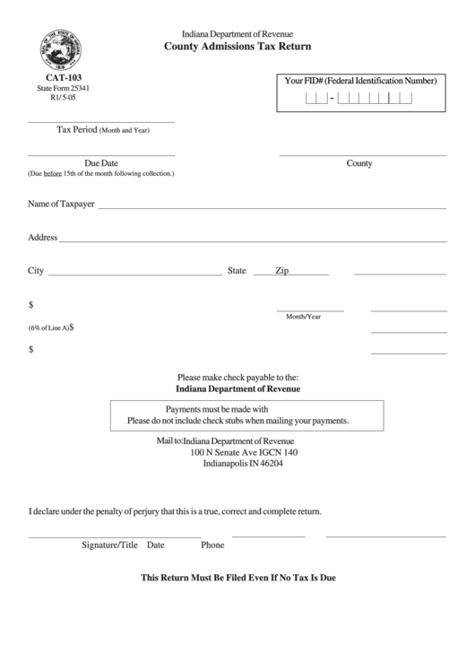 Fillable State Form 25341 - County Admissions Tax Return Printable pdf