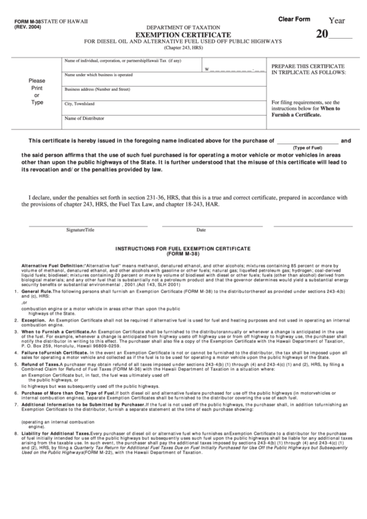 Fillable Form M-38 - Exemption Certificate Template - State Of Hawaii - Department Of Taxation Printable pdf