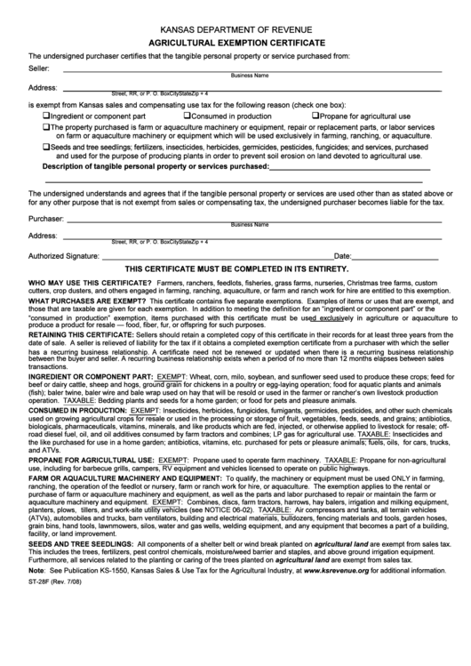 Fillable Form St-28f - Agricultural Exemption - 2008 Printable pdf