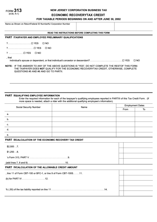 Form 313 - Economic Recovery Tax Credit Form - New Jersey Corporation Business Tax Printable pdf