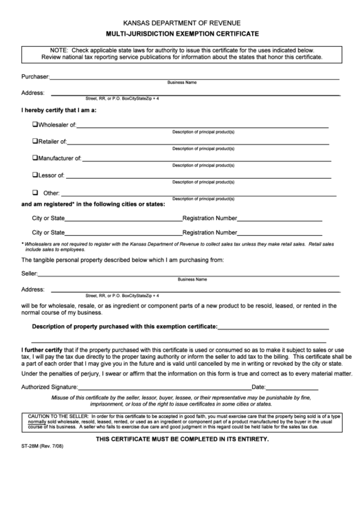 Fillable Form St-28m - Multi-Jurisdiction Exemption Certificate Printable pdf