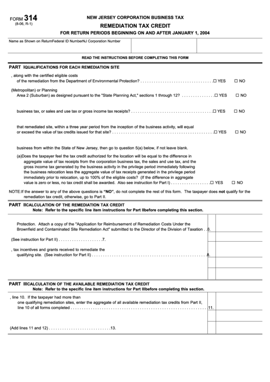 Form 314 - Remediation Tax Credit Form - New Jersey Corporation Business Tax Printable pdf