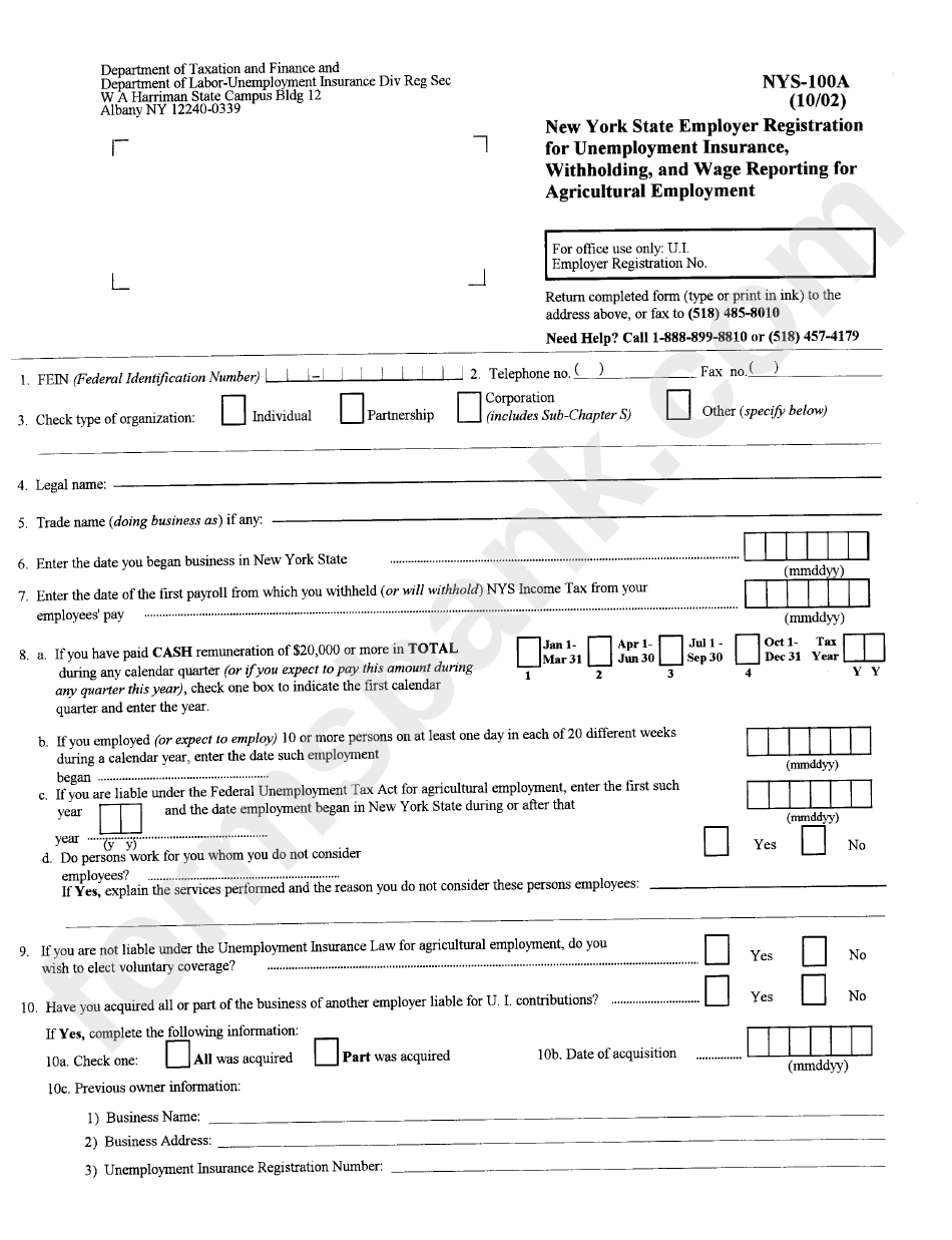 Form Nys - 100a - New York State Employer Registration For Unemployment Insurance, Withholding, And Wage Reporting For Agricu;tural Employment Form