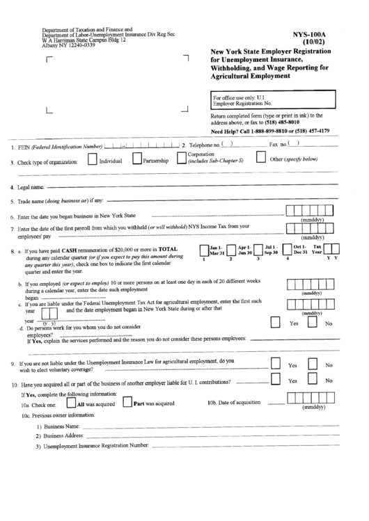 Form Nys - 100a - New York State Employer Registration For Unemployment Insurance, Withholding, And Wage Reporting For Agricu;tural Employment Form Printable pdf