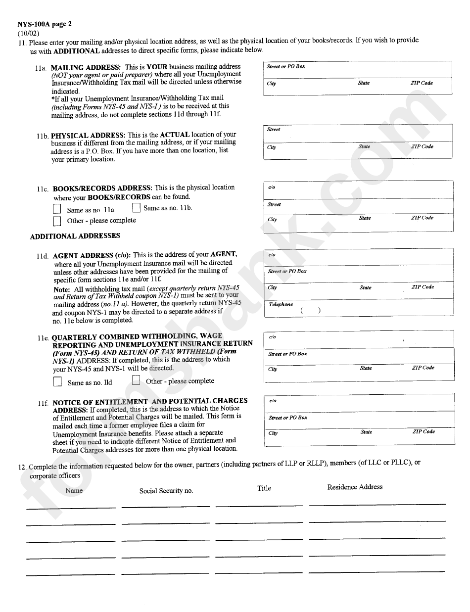 Form Nys - 100a - New York State Employer Registration For Unemployment Insurance, Withholding, And Wage Reporting For Agricu;tural Employment Form