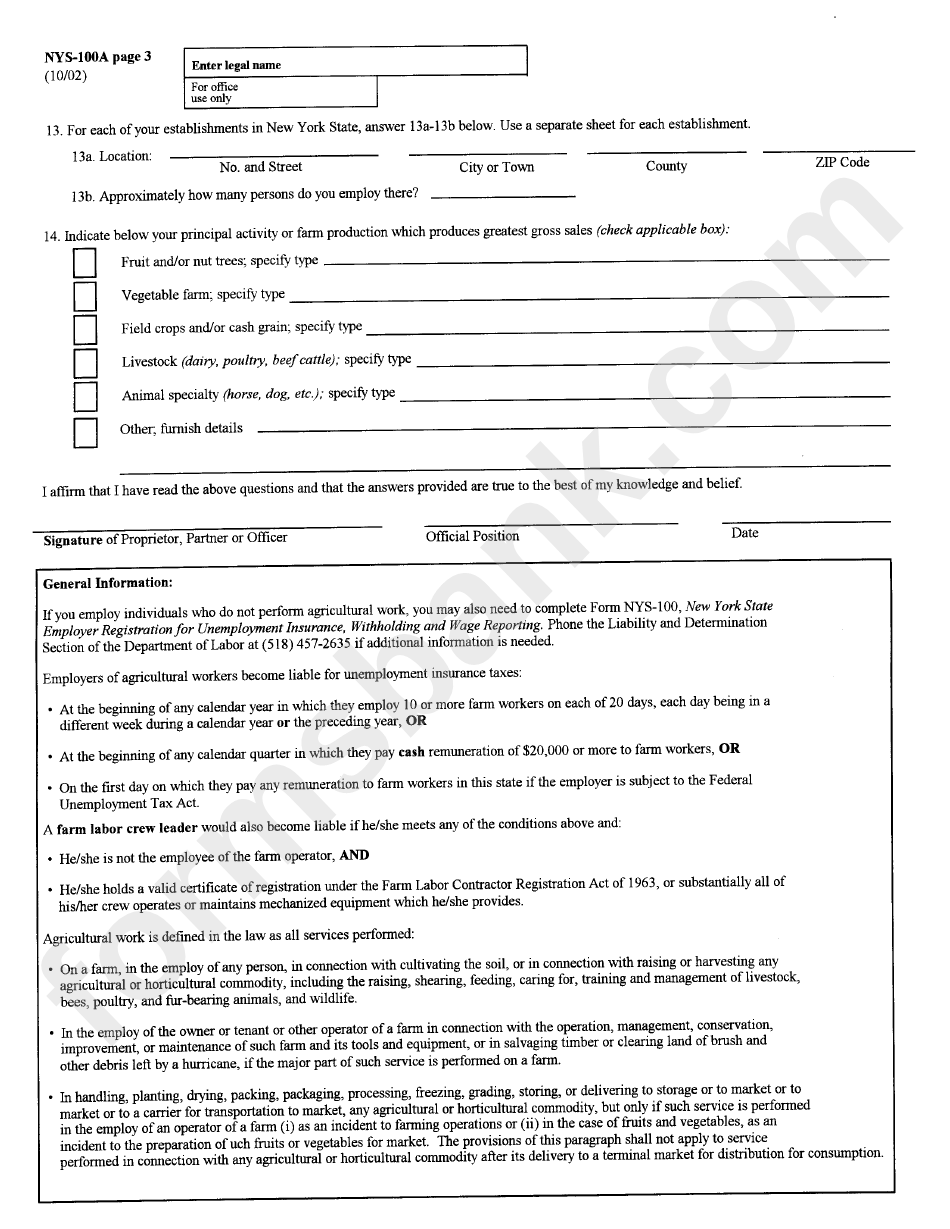 Form Nys - 100a - New York State Employer Registration For Unemployment Insurance, Withholding, And Wage Reporting For Agricu;tural Employment Form