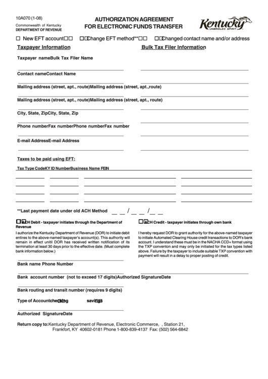 Form 10a070 - Authorization Agreement For Electronic Funds Transfer - 2008 Printable pdf