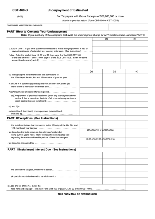 Form Cbt-160-B - Underpayment Of Estimated N.j. Corporation Business Tax Form Printable pdf