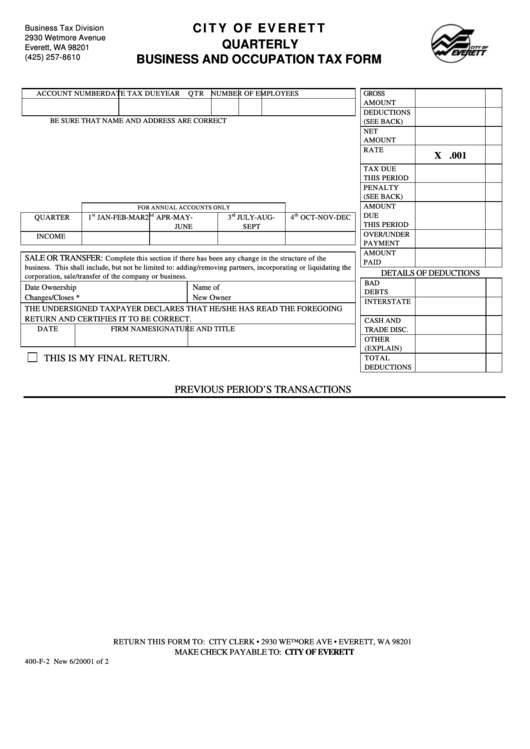Form 400-F-2 - Quarterly Business And Occupation Tax Form Printable pdf
