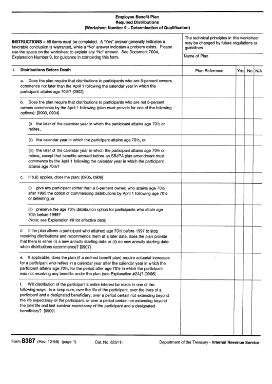 Form 8387 - Employee Benefit Plan Required Distributions 0norksheet Number 9 - Determination Of Qualification) Form Printable pdf