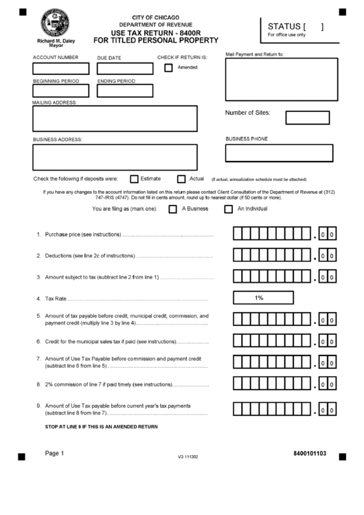 Form 8400r - Use Tax Return For Titled Personal Property Form Printable pdf