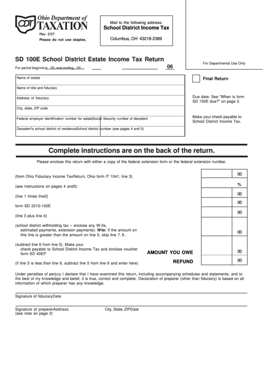 Fillable Form Sd 100e - School District Estate Income Tax Return Form - Ohio Department Of Taxation Printable pdf