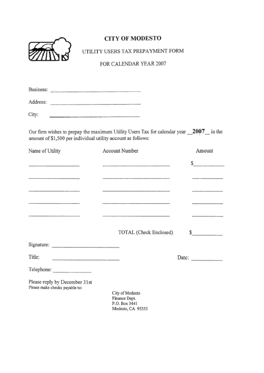 Utility Users Tax Prepayment Form - 2007 Printable pdf