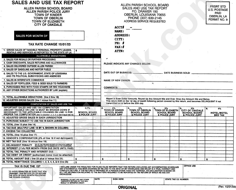 Sales And Use Tax Report Form October 2003