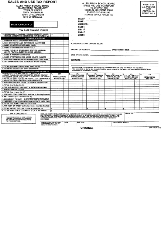 Sales And Use Tax Report Form October 2003 Printable pdf