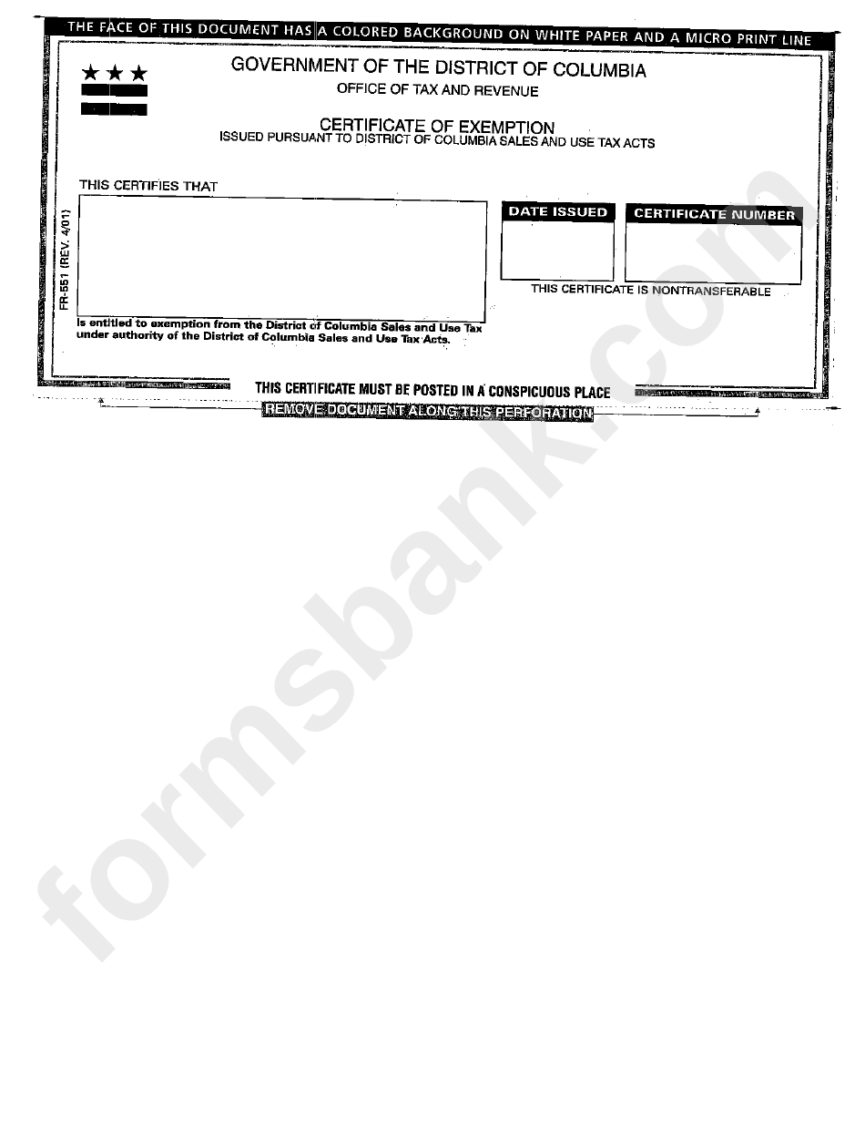 Form Fr-551 - Certificate Of Exemption Form