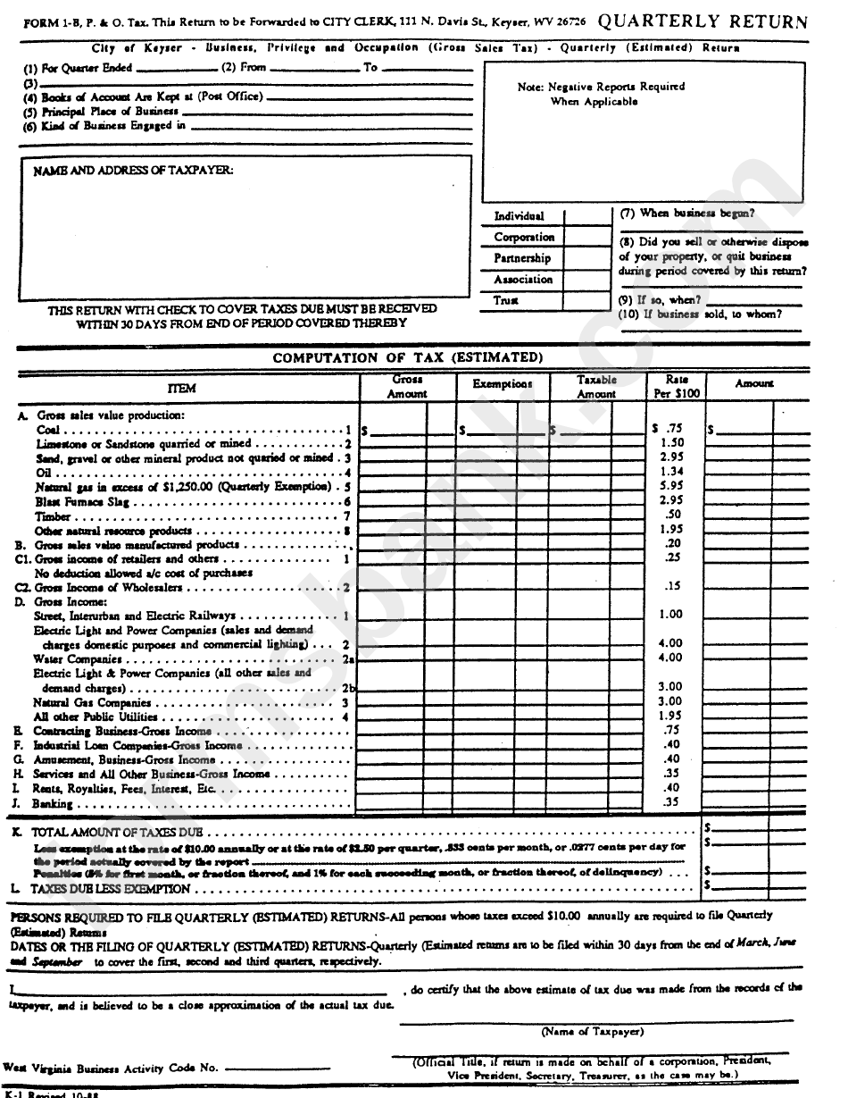 Form 1-B - Quarterly (Estimated) Return - 1988