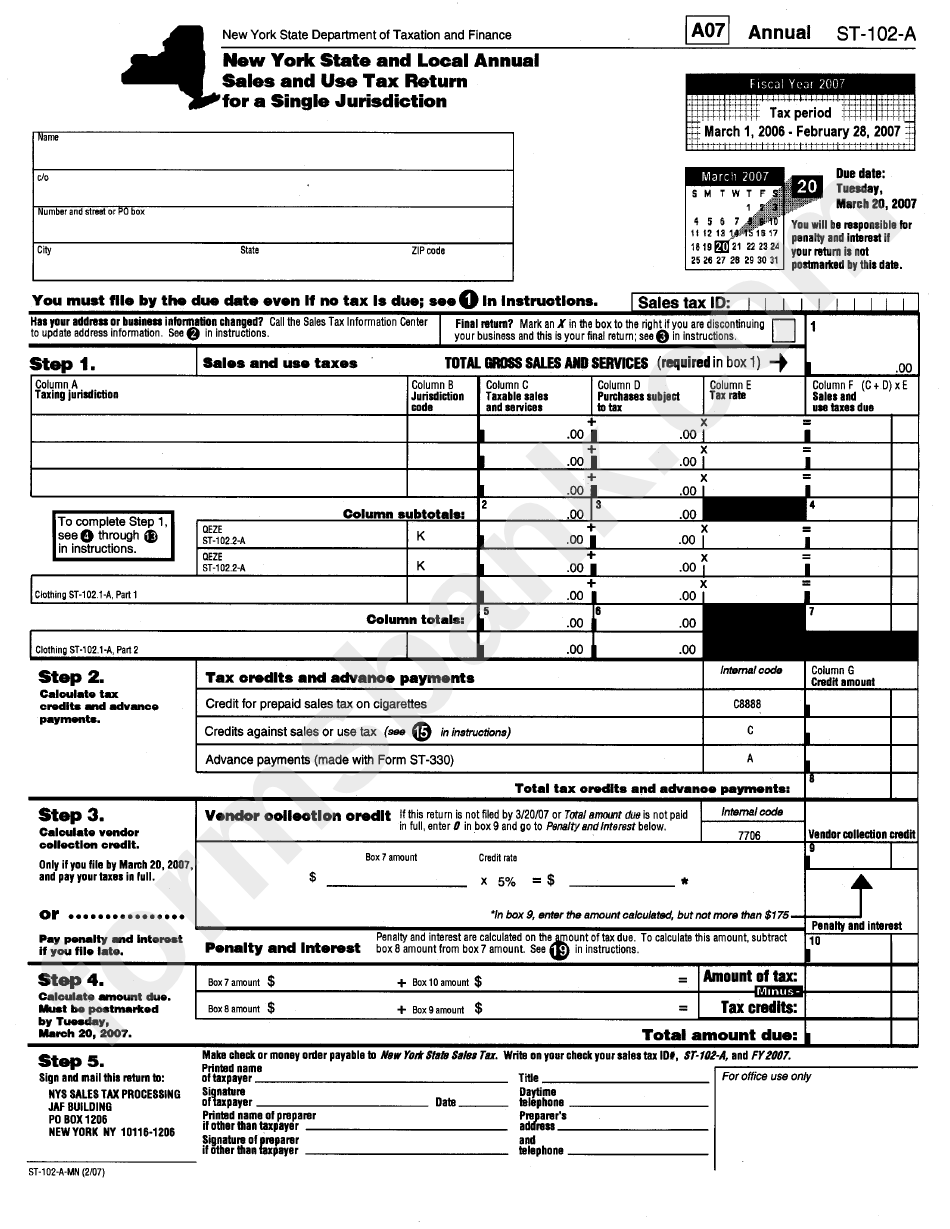Form St-102-A - Sales And Use Tax Return Form
