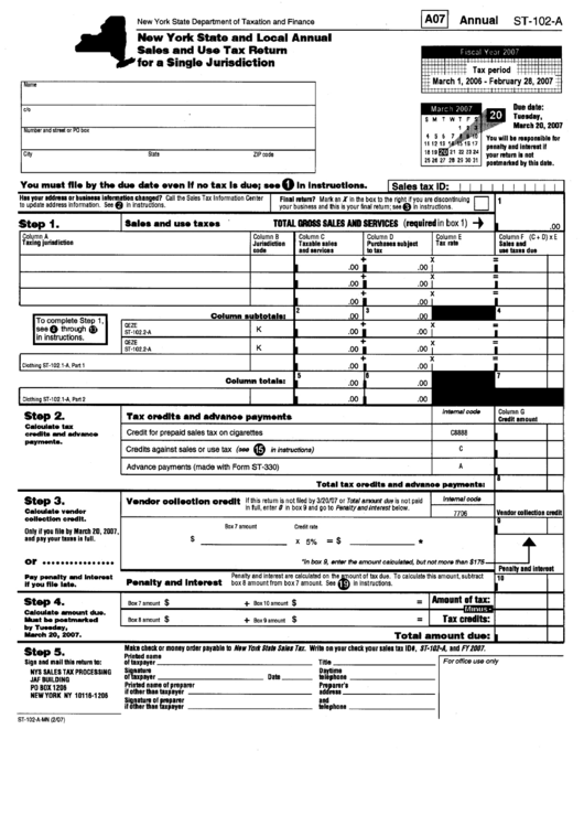 Form St-102-A - Sales And Use Tax Return Form Printable pdf