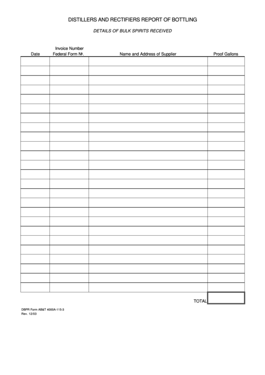 Distillers And Rectifiers Report Of Bottling Form - 2003 Printable pdf