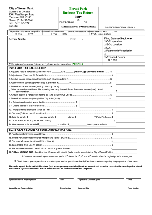 Business Tax Return Form - City Of Forest Park Income Tax Division - 2009 Printable pdf