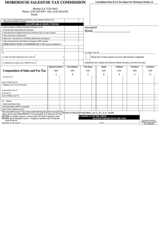 Consolidated Sales & Use Tax Report Form For Morehouse Parish, La Printable pdf