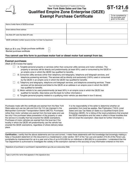 Fillable Form St-121.6 - Qualified Empire Zone Enterprise (Qeze) Exempt Purchase Certificate - 2005 Printable pdf