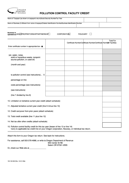 Form 150-102-029 - Pollution Control Facility Credit Printable pdf