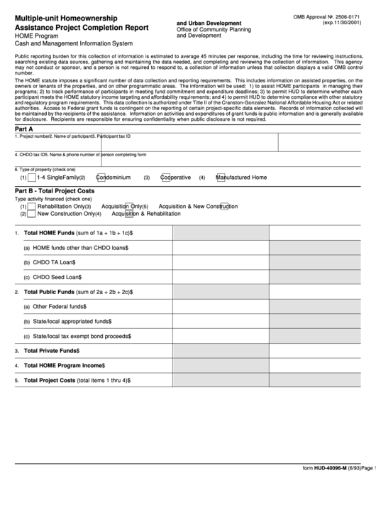 Form Hud-40096-M - Multiple-Unit Homeownership Assistance Project Completion Report Form - U.s. Department Of Housing And Urban Development Printable pdf