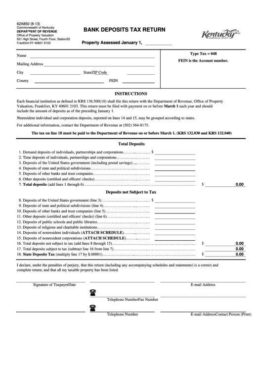 Form 62a850 - Bank Deposits Tax Return - 2013 Printable pdf