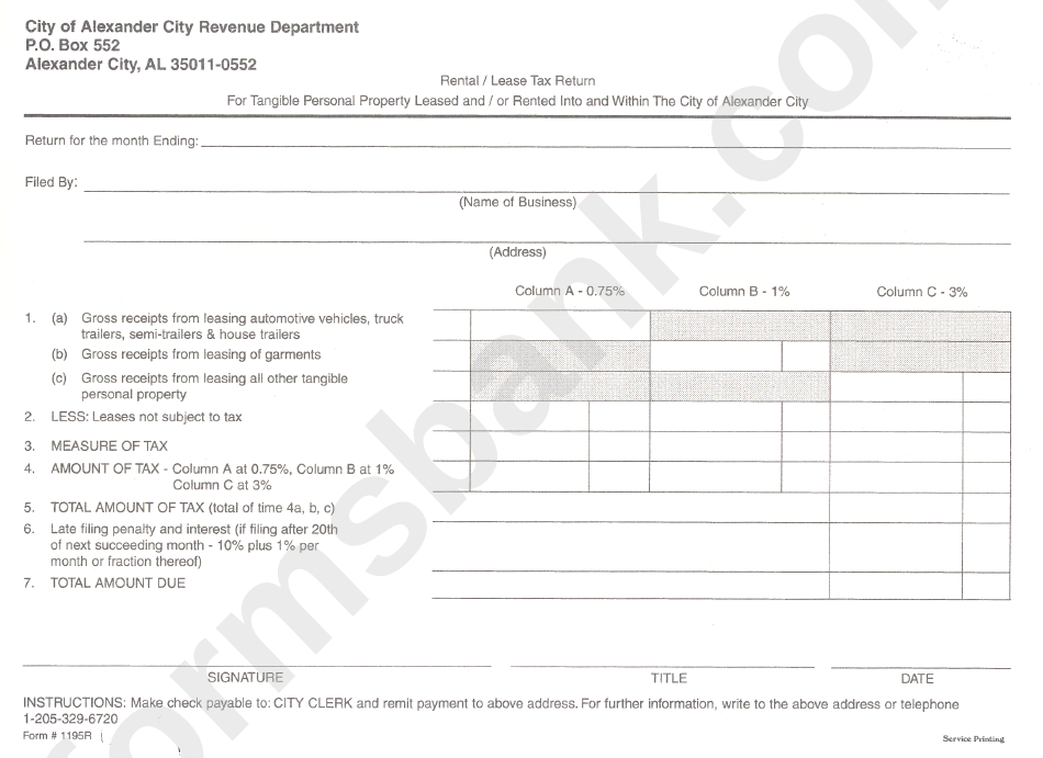 Form 1195r - Rental/lease Tax Return Form