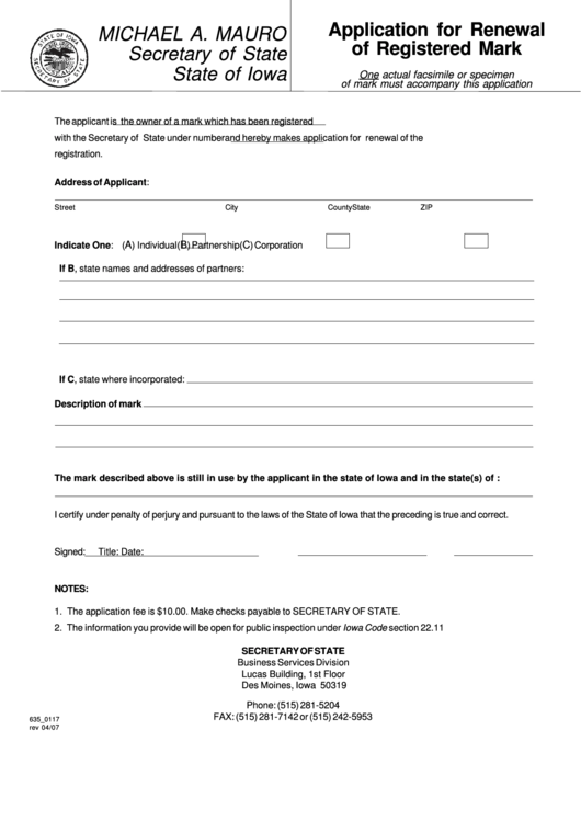Fillable Application For Renewal Of Registered Mark Form - 2007 Printable pdf