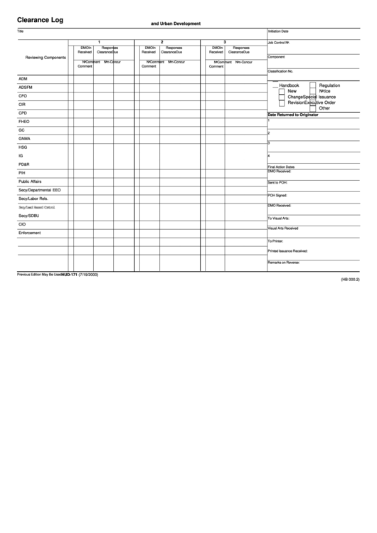 Fillable Form Hud-171 - Clearance Log - U.s. Department Of Housing And Urban Development Printable pdf