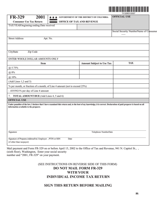Form Fr-329 - Consumer Use Tax Return Printable pdf