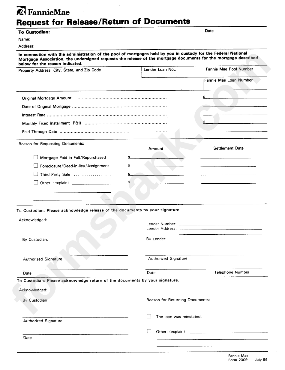 Form 2009 - Request For Release/return Of Documents Form - Fanniemae