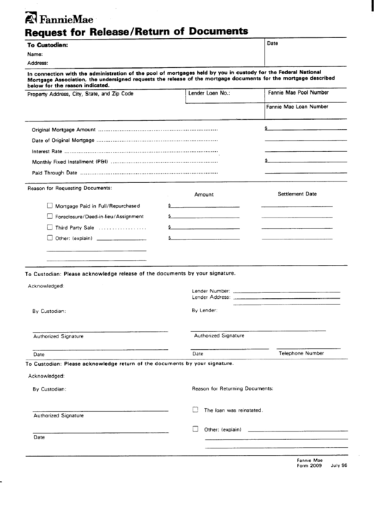 Form 2009 - Request For Release/return Of Documents Form - Fanniemae Printable pdf