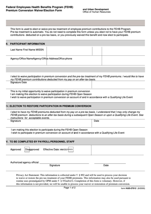 Fillable Form Hud-27012 - Federal Employees Health Benefits Program (Fehb) Premium Conversion Waiver/election Form - U.s. Department Of Housing And Urban Development Printable pdf