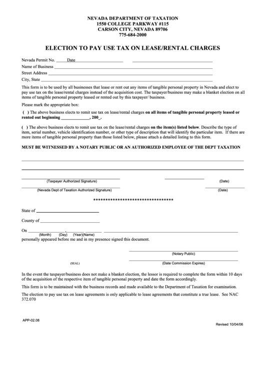 Election To Pay Use Tax On Lease/rental Charges Form - 2006 Printable pdf